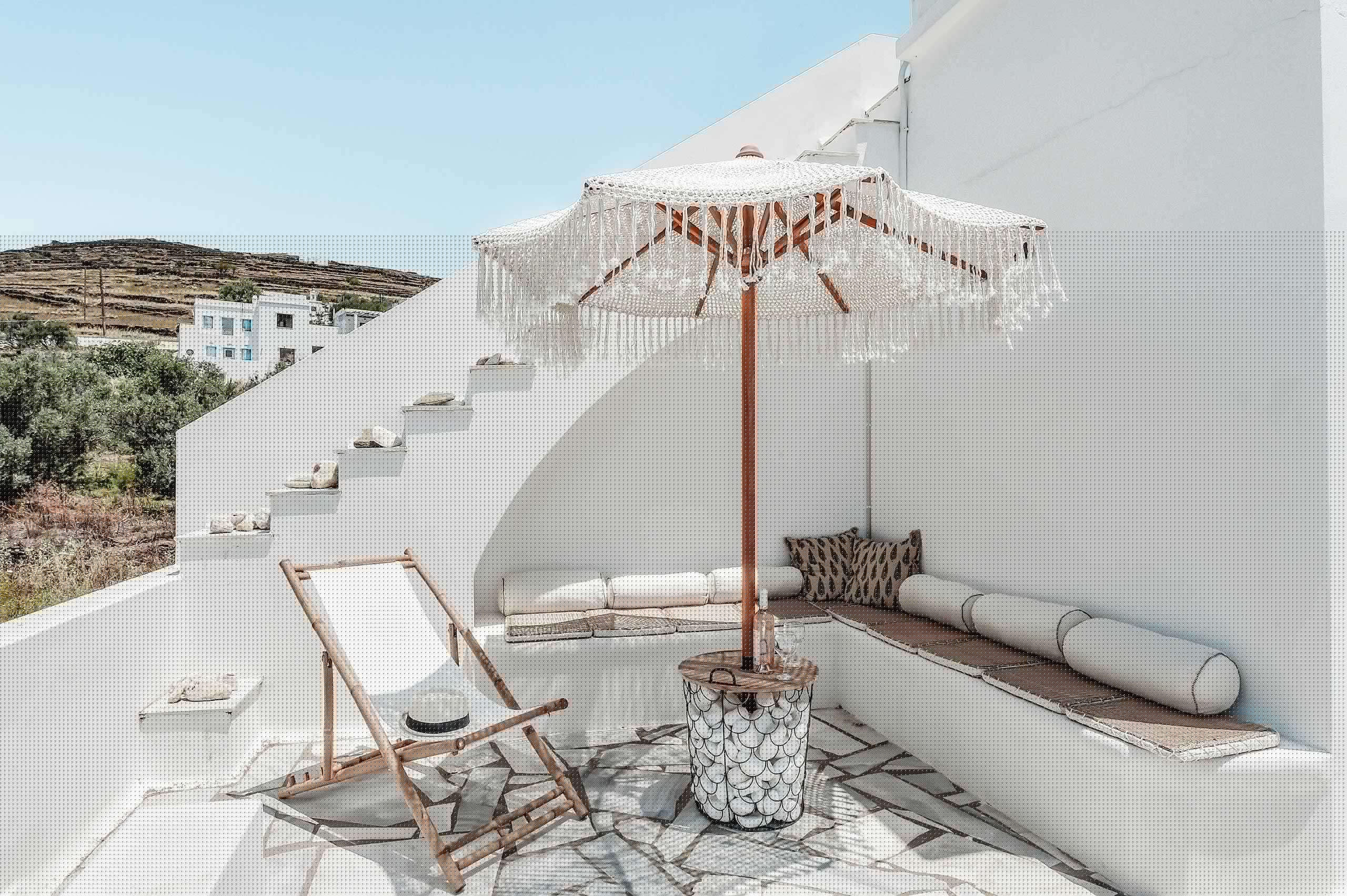 Terrace of Blanc Tinos overlooking the Aegean